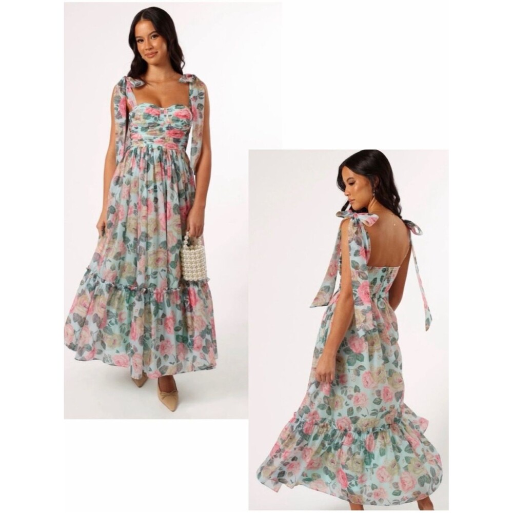 PETAL & PUP NWT Floret Sleeveless Bow Tie Shoulder Ruffle Midi Dress XS